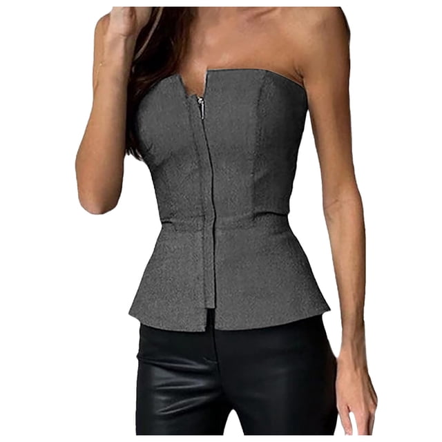 Solid Color Tube Sleeveless Slim Adjustable Zipper Tops, with Ribbed Details and Sizes