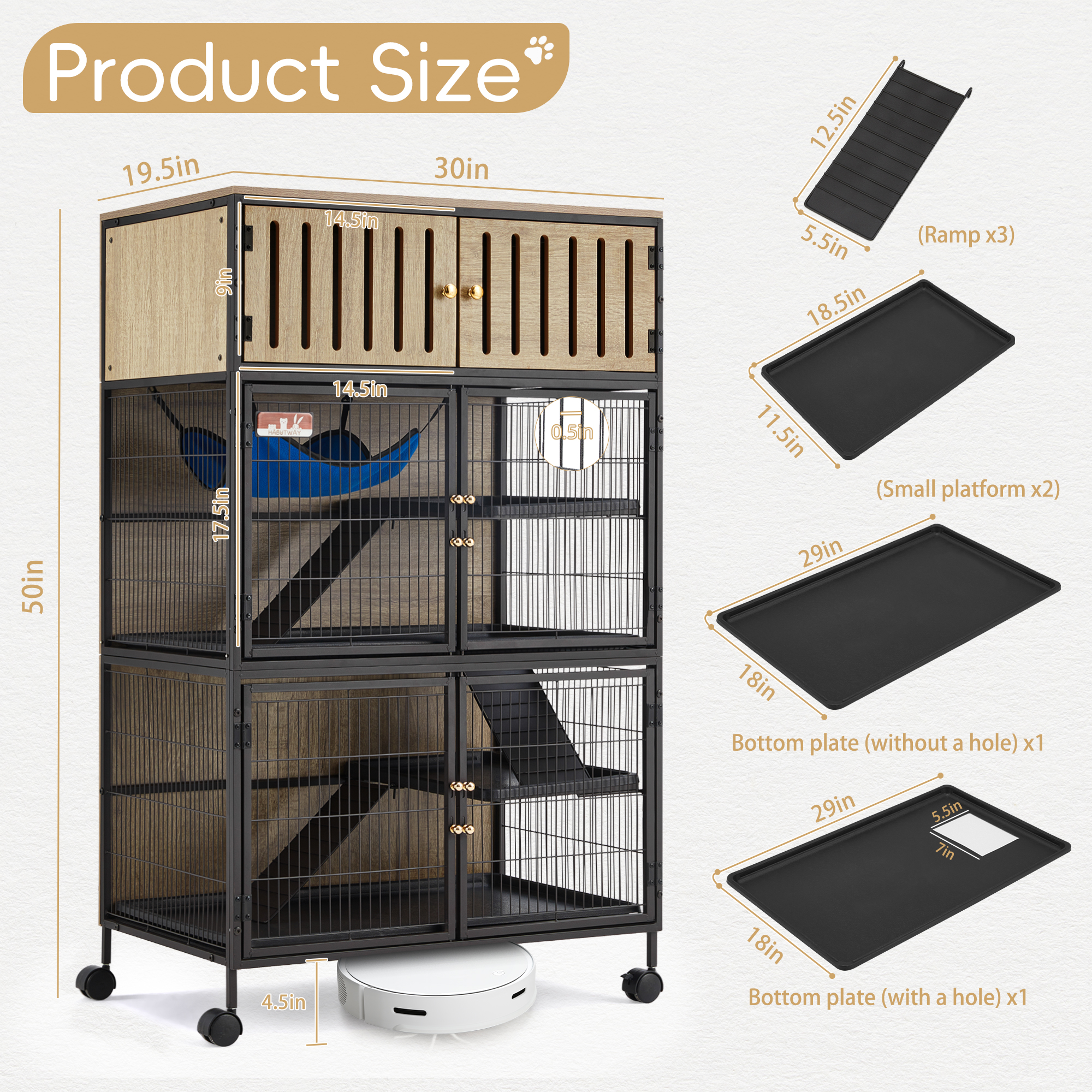 HABUTWAY Metal Large Small Animal Cage 5 Levels, 50.0" H Rolling Guinea Pig Cage with Removable Ramps & Double Door, Ferret Cage with Locker