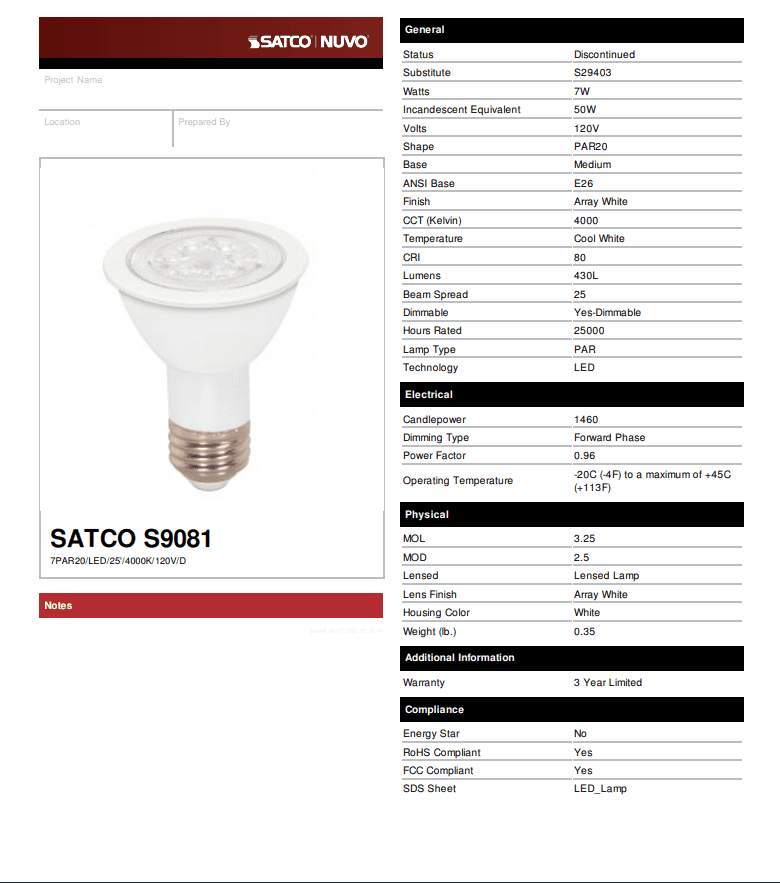 (Case of 6) Satco S9081 7 Watt (50 Watt) PAR20 LED Cool White Light Bulb, Dimmable