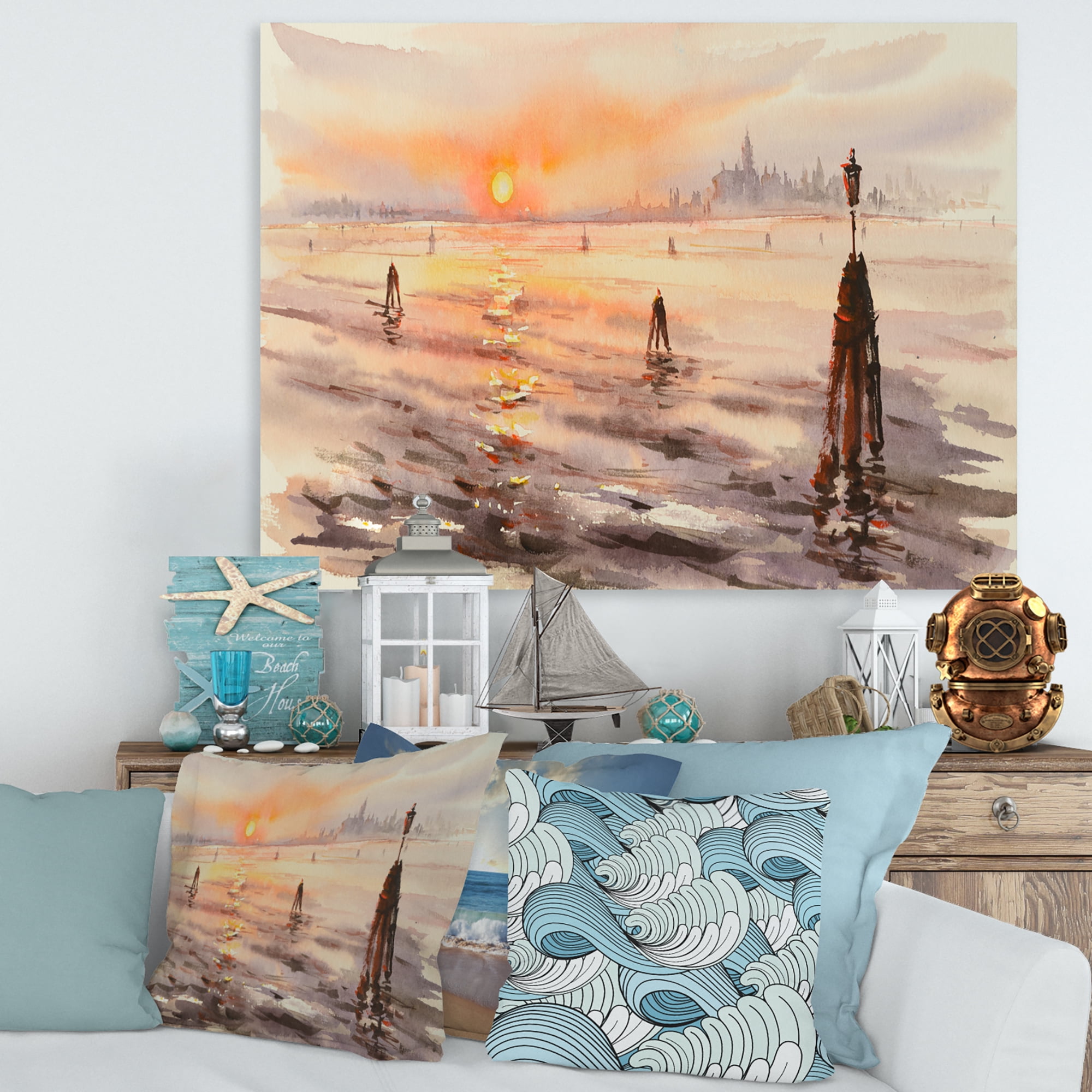 Designart ' Panorama of Venice Laguna Beach At Sunset ' Nautical & Coastal Canvas Wall Art Print