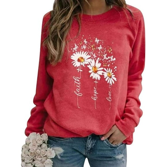 Women's Faith Hope Love Sweatshirt Daisy Flowers Print Long Sleeve Top Pullover Shirt