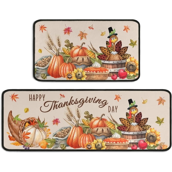 2 count Thanksgiving Kitchen Decor Rugs Set,Fall Kitchen Rugs and Mats Non Skid Washable Absorbent Kitchen Accessories Decoration Floor Mats 17"x47" 17"x30"