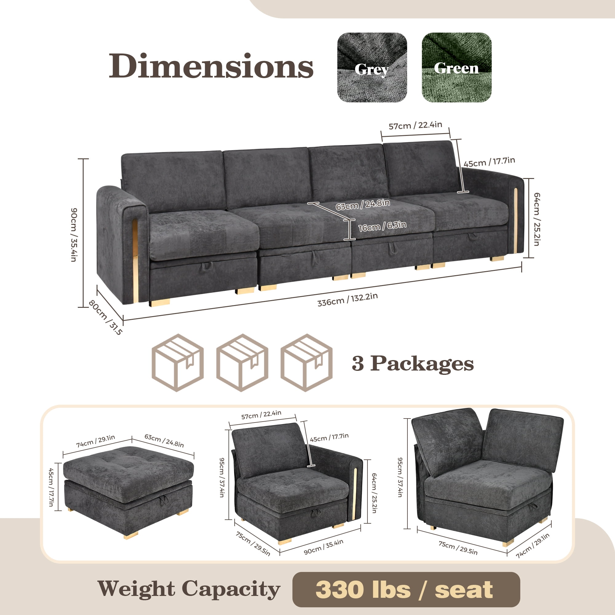 Advwin 132" 4-Seater Oversized Modular Sectional Sofa with Storage Under Each Seat & Gold Metal Accents, Modern Luxury Chenille Convertible Cloud Couch for Living Room, Dark Gray