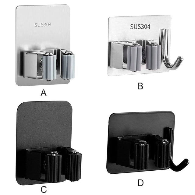 VONKY Wall Mounted Broom Mop Holder Kitchen Utensil Rack Bathroom Adhesive Tools Clip Organizer Black