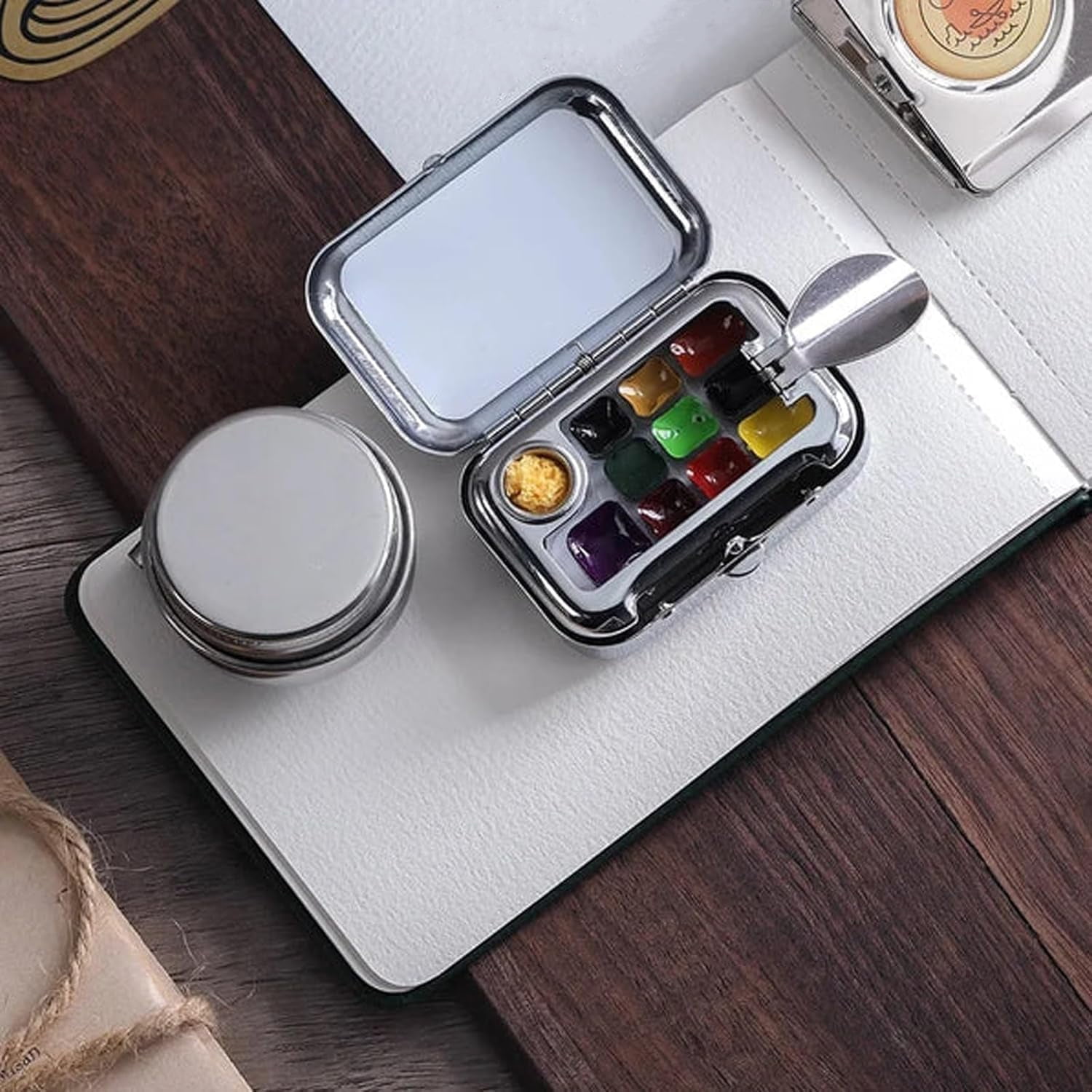 Travel Watercolor Palette, Mini Paint Palette, 10-Grid Empty Mini Watercolor Tin Box with Clip and Pen Washer Jug, Pocket Watercolor Set for Artist Outdoor Sketching (Silver, Watercolor Not Included)