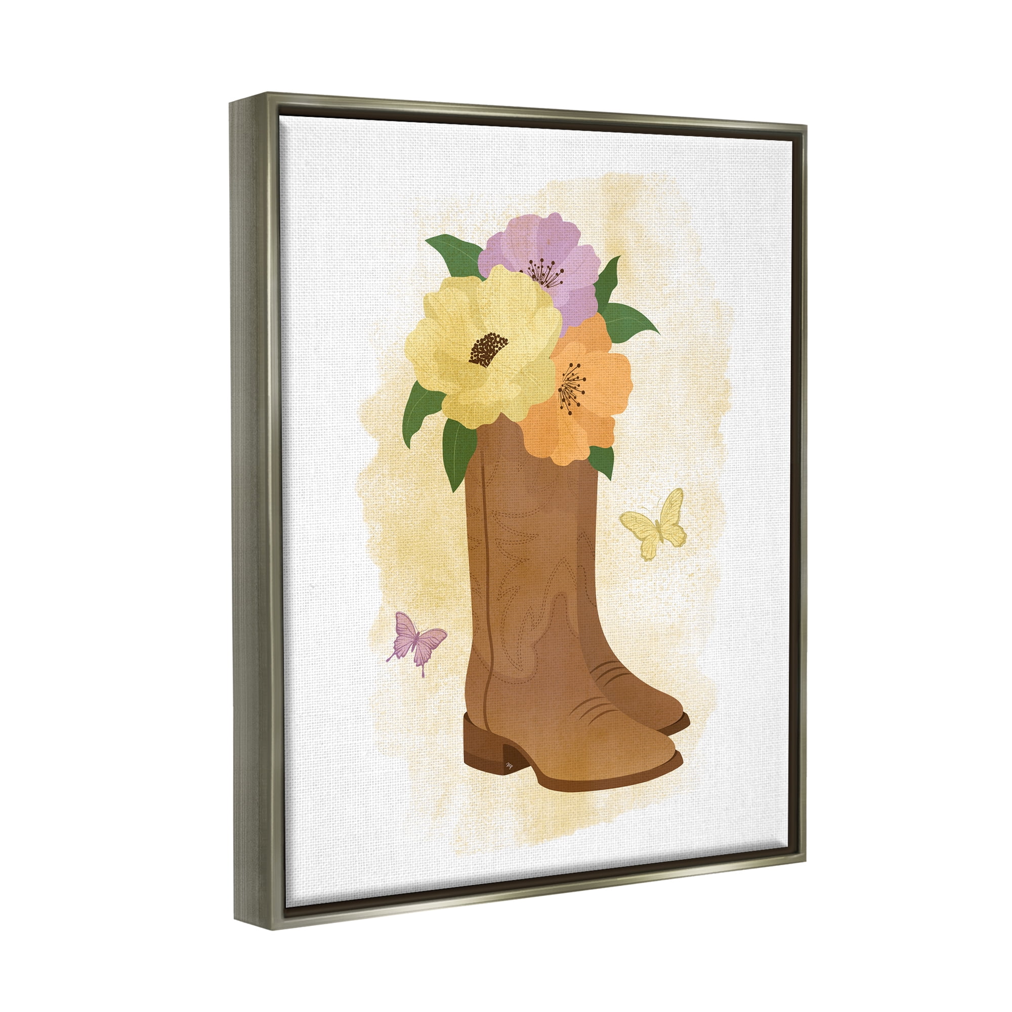Stupell Industries Blooming Country Boots Botanical & Floral Painting Gray Floater Framed Canvas Art Print Wall Art, 17 x 21