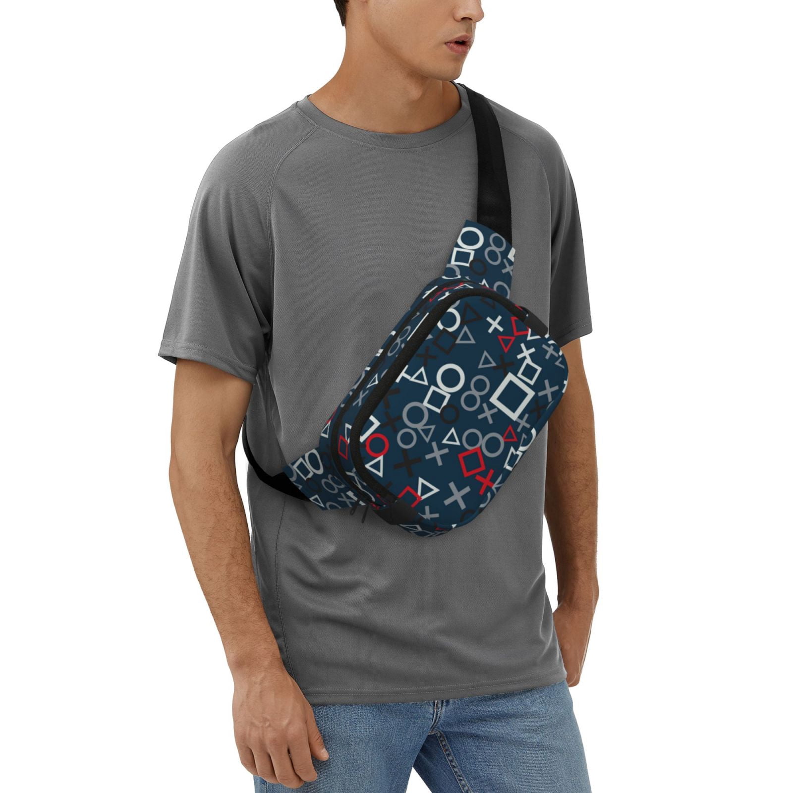 Picia Navy Blue Geometric Print Square Double-Layer Waist Bag Mini Adjustable Waist Belt Bag Exercise Running Travel Hiking