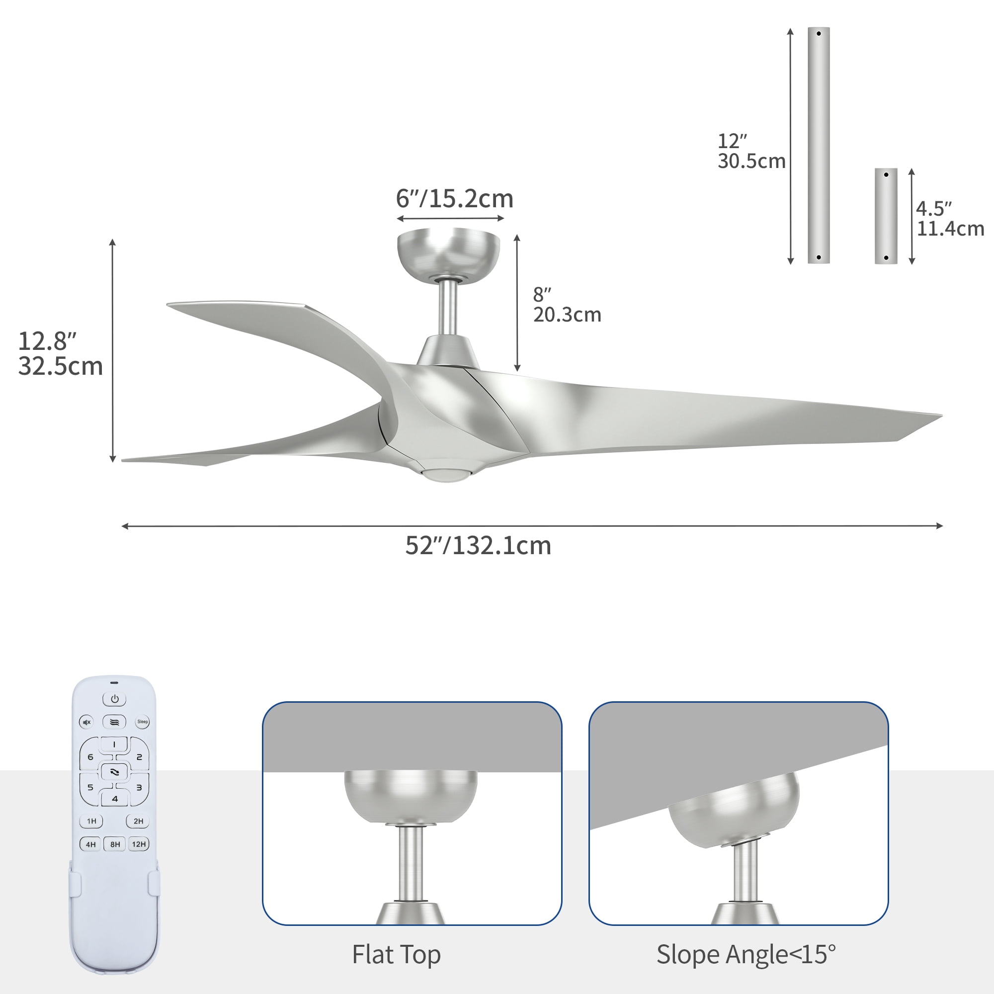 Uforic 52" Modern Ceiling Fan with Remote for Bedroom Kitchen More, Silver