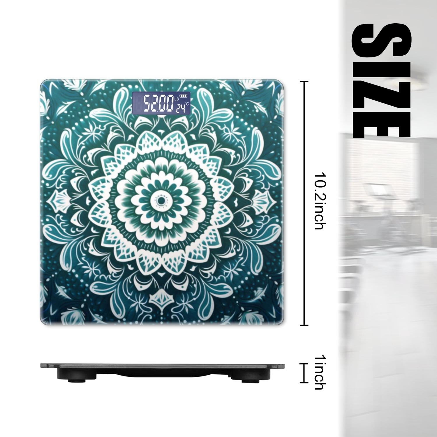 High Precision Body Weight Scale Smart Bathroom Scales with Large LCD Display(400lbs),Decorative for Bedroom-White Mandala Pattern On Dark Teal Background