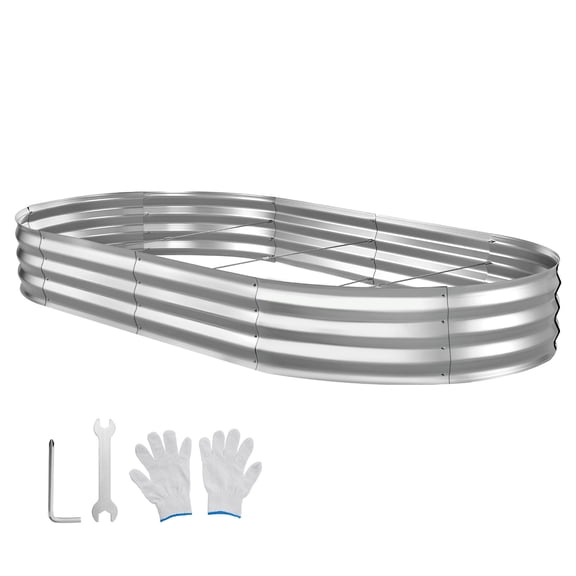 KFFKFF Galvanized Raised Garden Bed, 8 x 4 x 1 ft, Oval Metal Planter Box Kit for Outdoor Use, Bottomless Elevated Garden Box with Gloves, Rust-Resistant Alu-Zinc Material, Silver