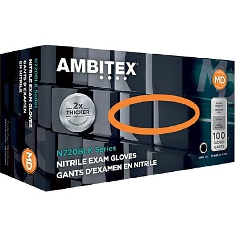 Ambitex N720BLK Series Powder Free Black Nitrile Gloves, Medium, 100