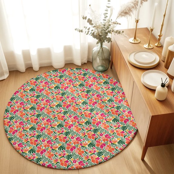 Round Rugs 6Ft, Tropical Plants Round Area Rug Washable Indoor Throw Carpet, Summer Floral Monstera Leaf Boho Watercolor Soft Non Slip Circle Rug for Office Cabinet Home Decor Aesthetic
