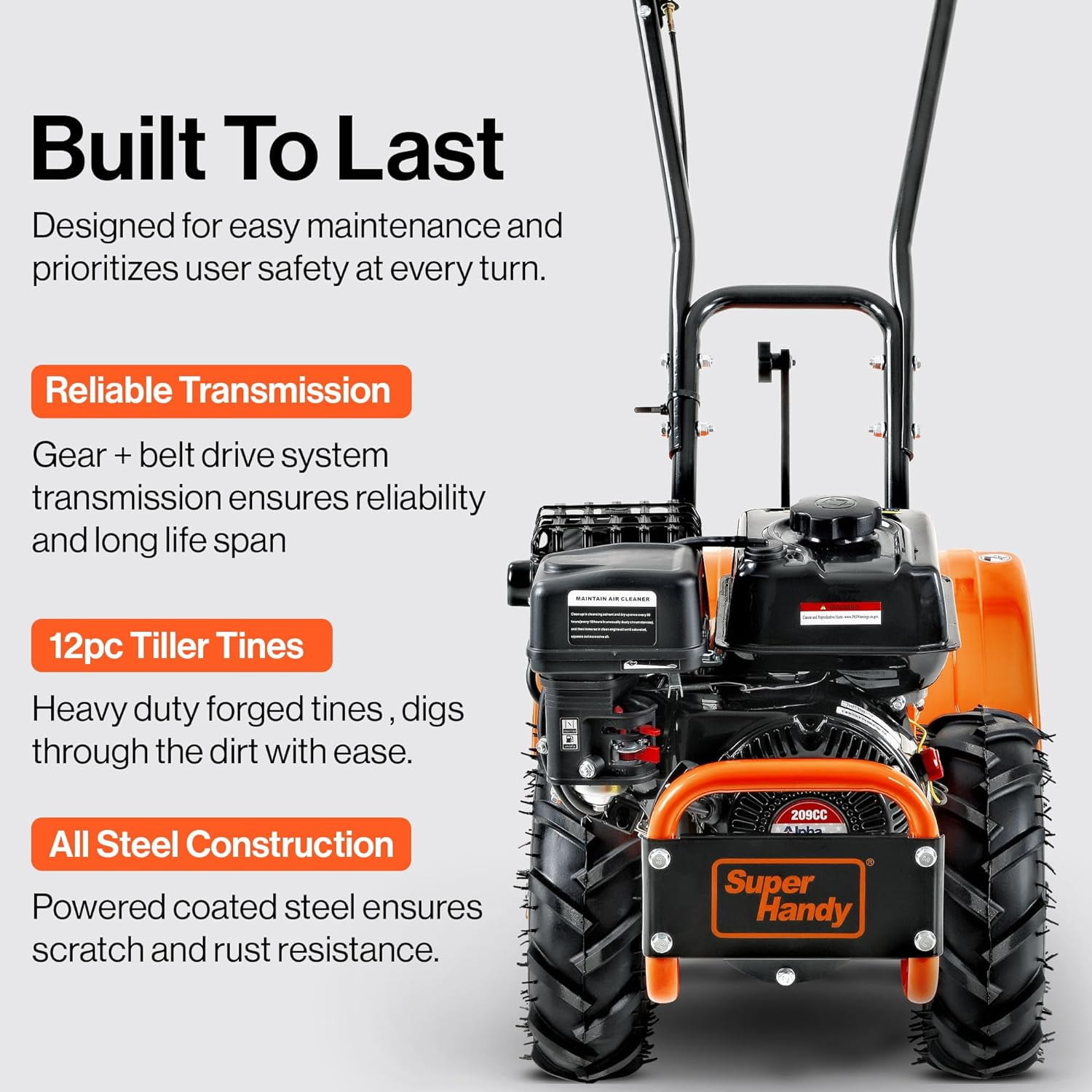 "SuperHandy ROTO 7HP Rear Tine Tiller - Heavy-Duty Garden Soil Cultivator, 16"" Tilling Width, 12"" Depth"