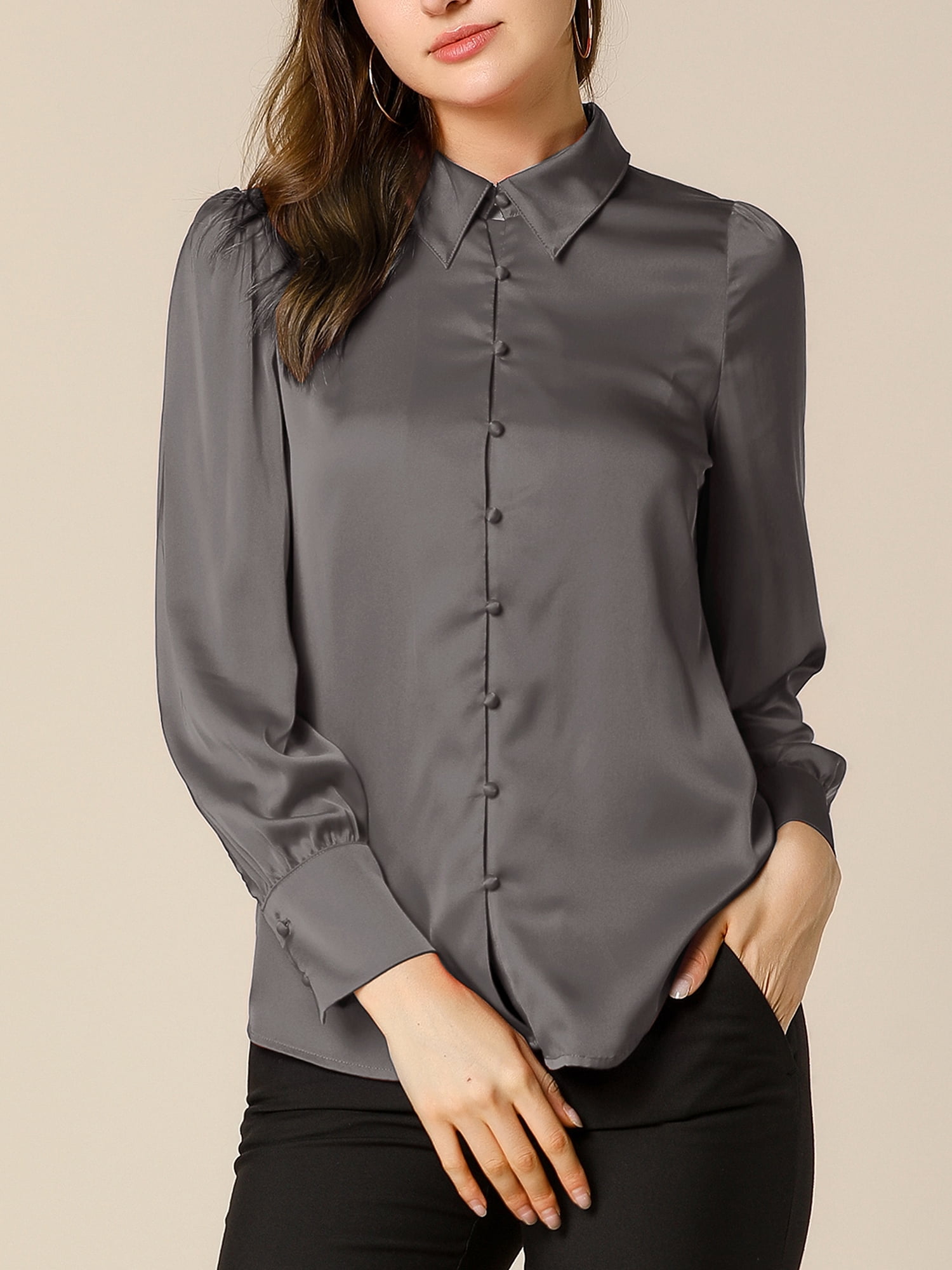 DARING DIVA Women's Satin Blouse Puff Long Sleeve Collared Button Down Shirt XS Gray