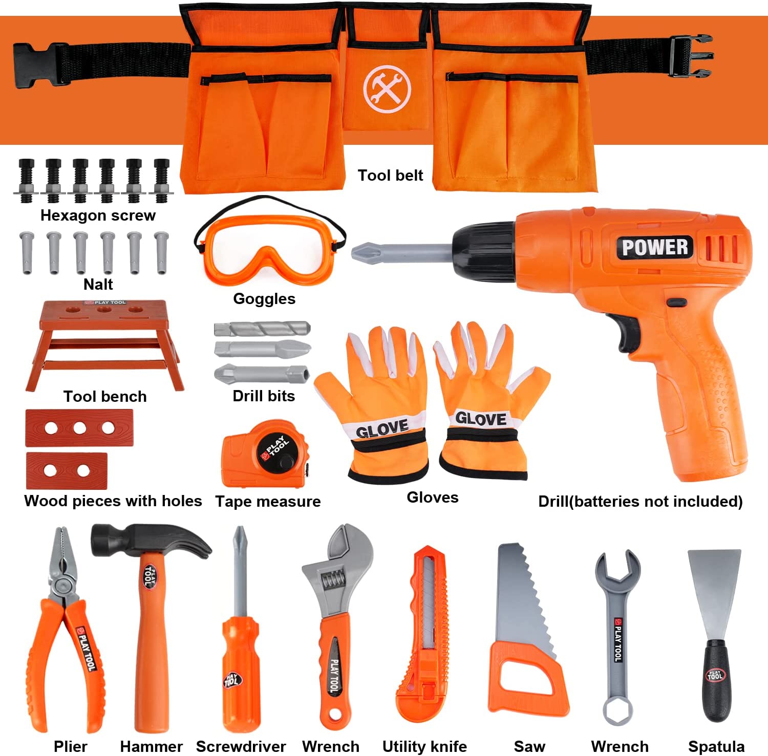 Toy Life 35-Piece Kids Tool Set with Electric Drill & Belt photo 4