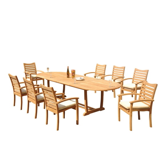 Grade-A Teak Dining Set: 8 Seater 9 Pc: 118" Mas Oval Trestle Leg Table And 8 Aspen Stacking Arm Chairs Outdoor Patio WholesaleTeak #51AP2709