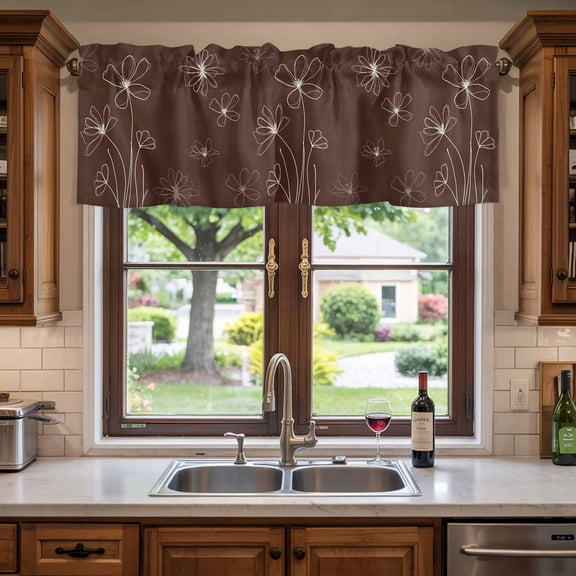 Kitchen Valances for Window, Vintage Flower Rustic Wildflower Light Filtering Rod Pocket Valance Curtain, Minimalistic Floral on Brown Short Curtains Window Topper for Bedroom Living Room 54x18in