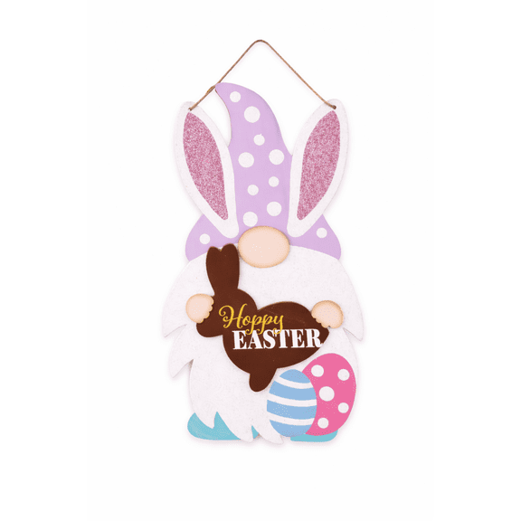 Easter Gnome Door Hanger with Bunny Ears – “Hoppy Easter” Wooden Hanging Decoration