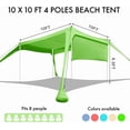 thumbnail image 6 of Beach Canopy Tent Shade with Sidewalls 10x10FT, 6.6FT Tall, UPF50+ Sun Shelter, Windproof & Water Resistant, Green, 6 of 6