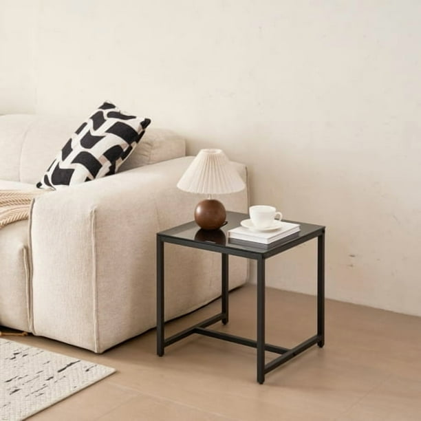 Mesa de noche de vidrio negro, Mesa lateral de tablero de fibra de densidad media, pequeña mesa de café, Mesa de sofá con piernas metálicas