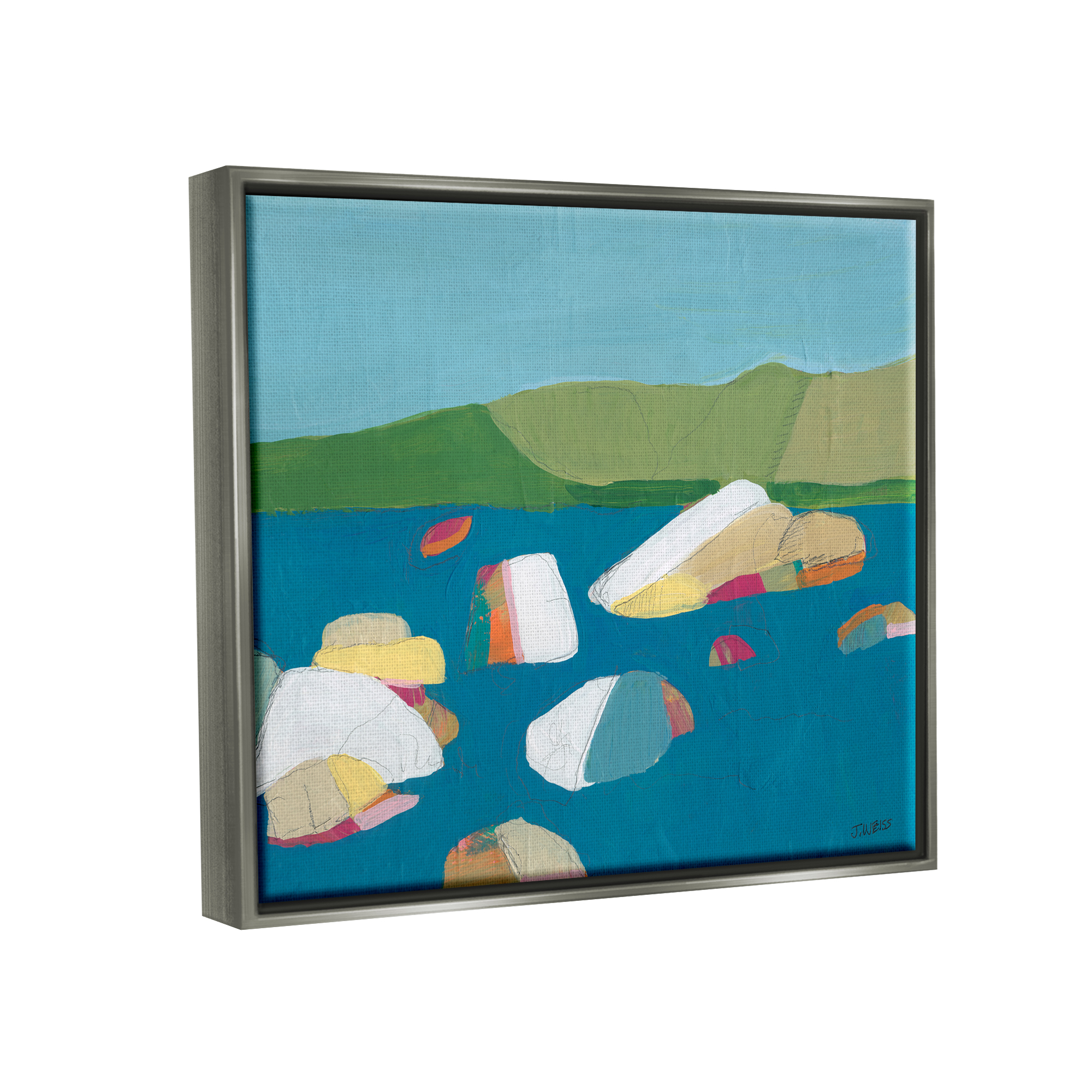 Stupell Industries Modern Ocean Rocks Painting Coastal Painting Gray Floater Framed Art Print Wall Art