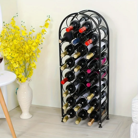 Sturdy 23-Bottle Arched Metal Wine Rack | 1pc Freestanding Black Floor-Standing Design, No Assembly Required, Space-Saving Storage for Home Bar, Cellar, Dining Room, Home Bar Essentials, Sleek Wine D