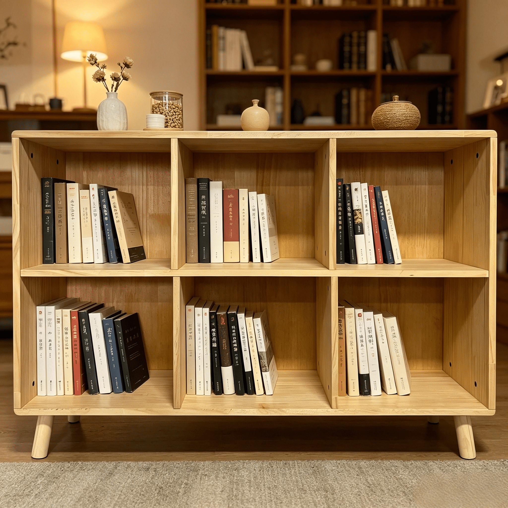 6 Cube Solid Wood Storage Shelf, Freestanding Open Bookcase with Legs, 2-Tier Cubby Organizer for Living Room, Bedroom, Office and Entryway