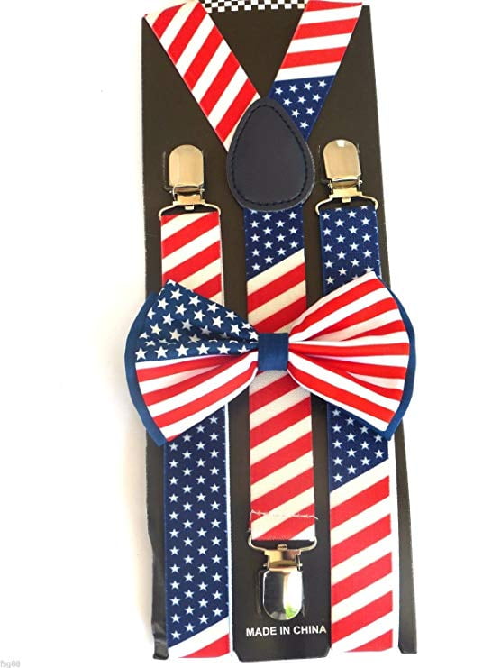 New American Flag Suspender and BOW TIE Matching SET Tuxedo Wedding Suit