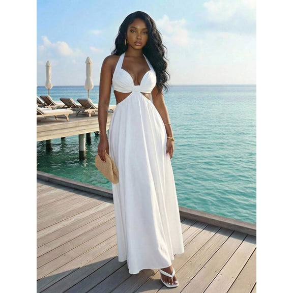White Halter Neck Cut-Out Maxi Dress For Beach Resort Vacation Elegant Casual Wear
