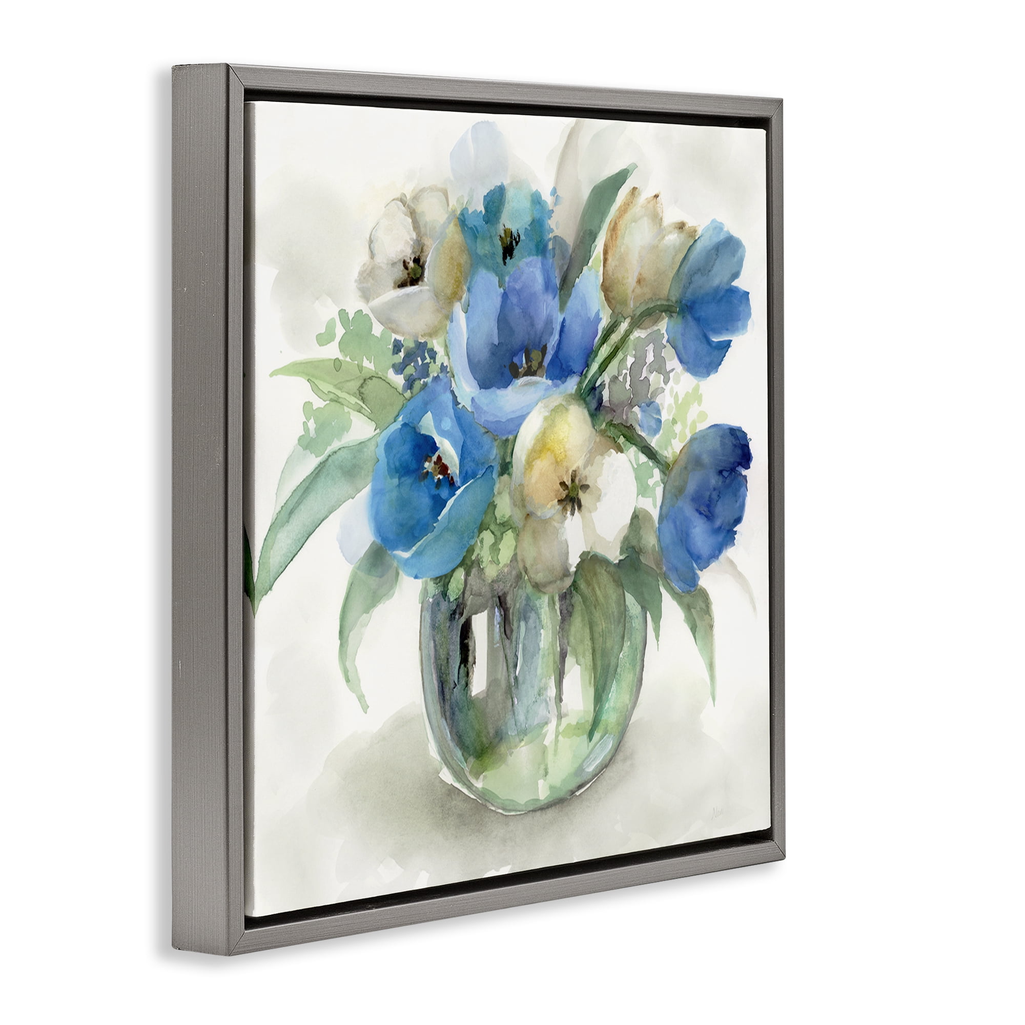 Stupell Industries Blue Tulip Watercolor Bouquet Gray Framed Floater Canvas Wall Art, design by Nan