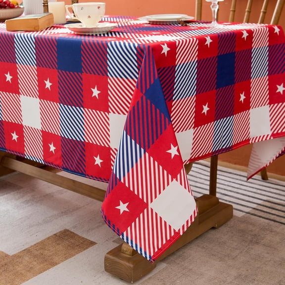 4th of July Patriotic Tablecloth Red Blue Checkered 60" X 120" Rectangle Table Cloth - Oblong Polyester Gingham Plaid Stars Independence Day Memorial Day Table Cover Reusable Water Resistant