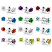 12 Pcs Pack Birthstone Stud Earrings 4 mm - 925 Sterling Silver with Cubic Zirconia Crystal - All 12 Months