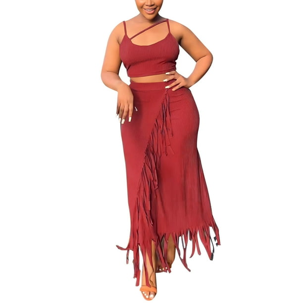 Gibobby Vestidos para Mujer Chaleco corto sin mangas sin ombligo de color sólido para mujer Traje de vestir con borlas de cintura alta con tira(Rojo,CH)
