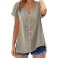 thumbnail image 3 of Auralook Womens Short Sleeve Tops Cotton Linen Shirts Loose Casual V Neck Button Lace Blouses Summer Vacation Clothes, 3 of 9
