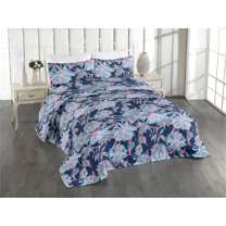 Ambesonne Dreamy Floral Quilted Bedspread Set 3 Pcs, Boho Aura Retro Bloom, Queen, Soft Blue Dark Coral