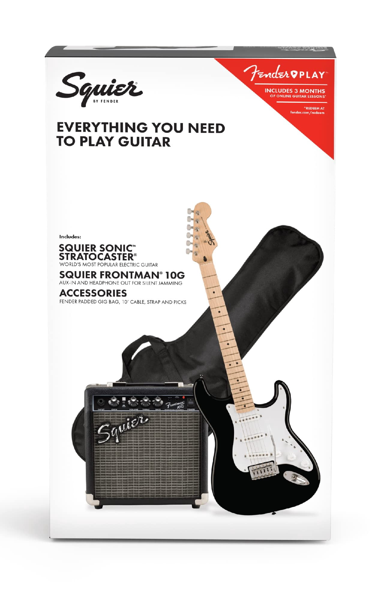 Squier Sonic Stratocaster Electric Guitar Pack, Black, Maple Fingerboard, with Gig Bag, 10G Amp, and Accessories