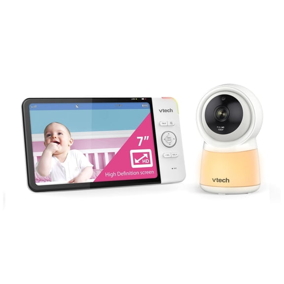 VTech RM7754HD Moniteur vidéo de bébé 1080p intelligent Wi-Fi de 7 po doté d'une caméra HD, d'une veilleuse intégrée et d'une caméra, blanc
