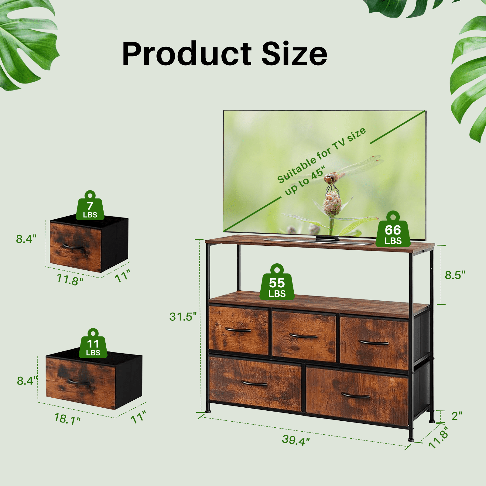 TINKLE WELL Storage dresser TV stand with 5 Fabric Drawers and Wood Open Shelf, Media Console Organizer for 45'' TV, Ideal for Living Room, Bedroom, or Apt, Brown