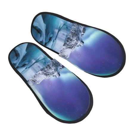 

KLL Night At Lake Aurora 1 Slippers for Women Men House Slip on Indoor Outdoor Bedroom Furry Fleece Lined Ladies Comfy Anti-Skid Rubber Hard Sole-Medium