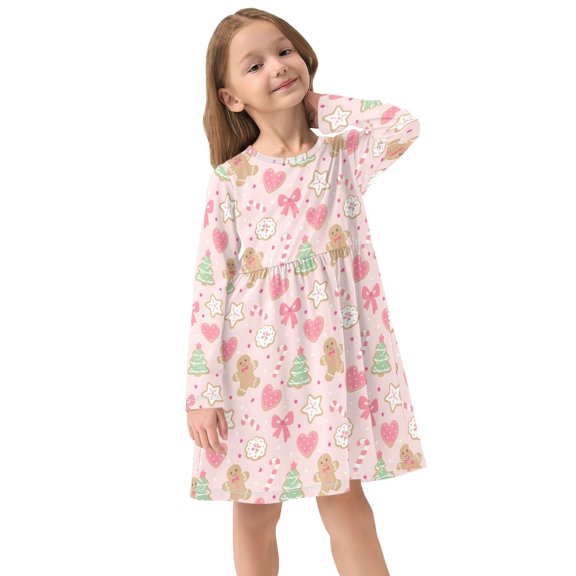 Girls Dress Soft Casual Long Sleeve Cute Dress for Girls Fashion Prints Xmas Gingerbread Cookie Crew Neck