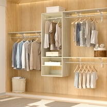 Aheaplus 8FT Hanging Closet System, 96 inch walk in Closet Organizer System with Hanging Rod, Built-in Clothes Garment Rack with 3 Shelving Towers(Can Be Cut To Fit), Oak