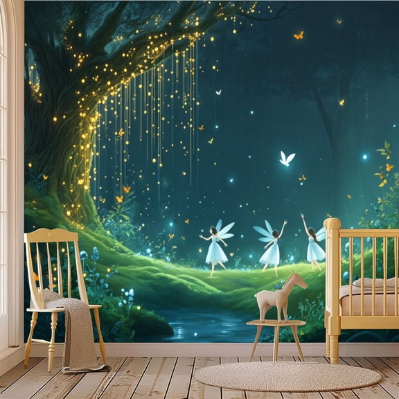 69"x98" Wall Mural Peel and Stick Wallpaper Ethereal Forest Fairy Dance Butterfly Fairy Lights Wall Decor Self Adhesive Removable Wall Stickers for Bedroom Living Room