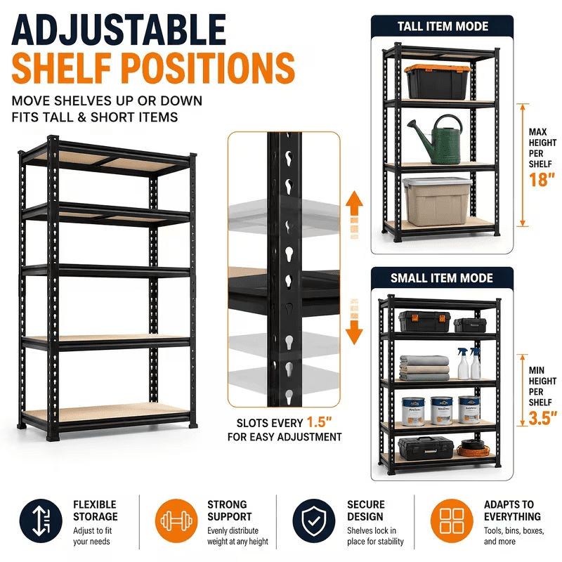 AISWORD 5-Tier Heavy Duty Garage Shelving Unit,2000 lbs Capacity Adjustable Metal Storage Rack,Free-Standing Utility Shelves for Warehouse,Home,Basement,12"D x 28"W x 60"H