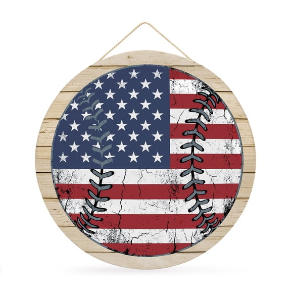 Round Welcome Sign for Front Door, USA Flag Baseball Hanging Metal Farmhouse Wall Decor for Porch Entryway, Patriotic 4 of July Farmhouse Wood Grain Decoration for Holiday Housewarming Gift, 12 in