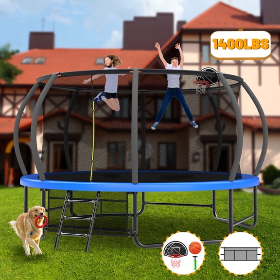 Mersco 14ft Trampoline for Kids and Adults, Pumpkin Outdoor Trampoline with Basketball Hoop,Enclosure Net and Storage Bag, Jumping Backyard Trampoline for Boys and Girls Birthday Gift,Blue