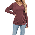 thumbnail image 1 of Womens T Shirts V Neck Long Sleeve Casual Tops Soft Solid Basic Tee Jujube Red XL, 1 of 9