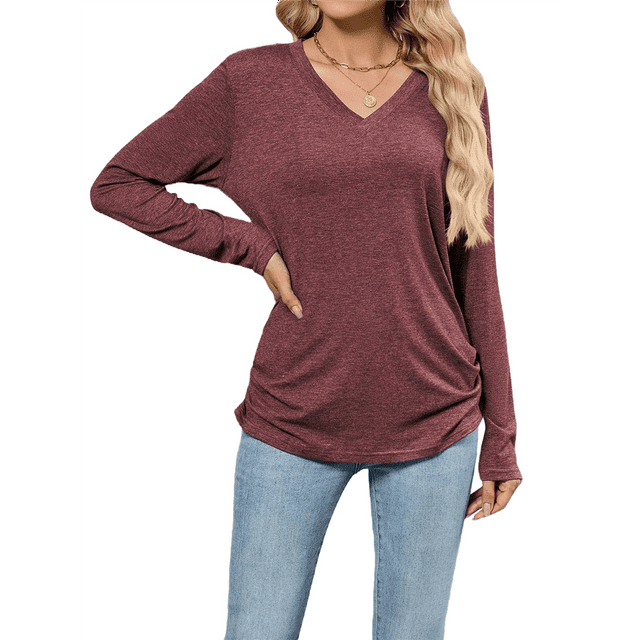T-shirts pour Femmes à Col en V à Manches Longues Hauts Décontractés Doux Unis T-Shirt Basique Jujube Rouge m