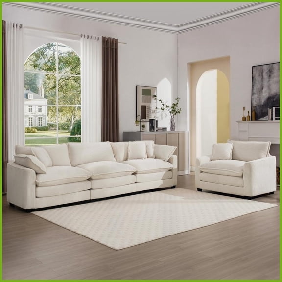 Mid-Century Modern 2-Piece Sofa Set: 3-Seater Single Chair in Light Beige Corduroy – Stylish Comfort for Living Spaces