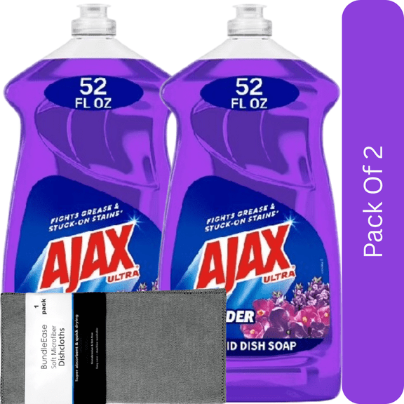 Ajax Ultra Liquid Dish Soap with Fabuloso Lavender Scent, 52 fl oz Bottle, Easy-Flip Cap with Microfiber Solid Color Dishcloth by BundleEase
