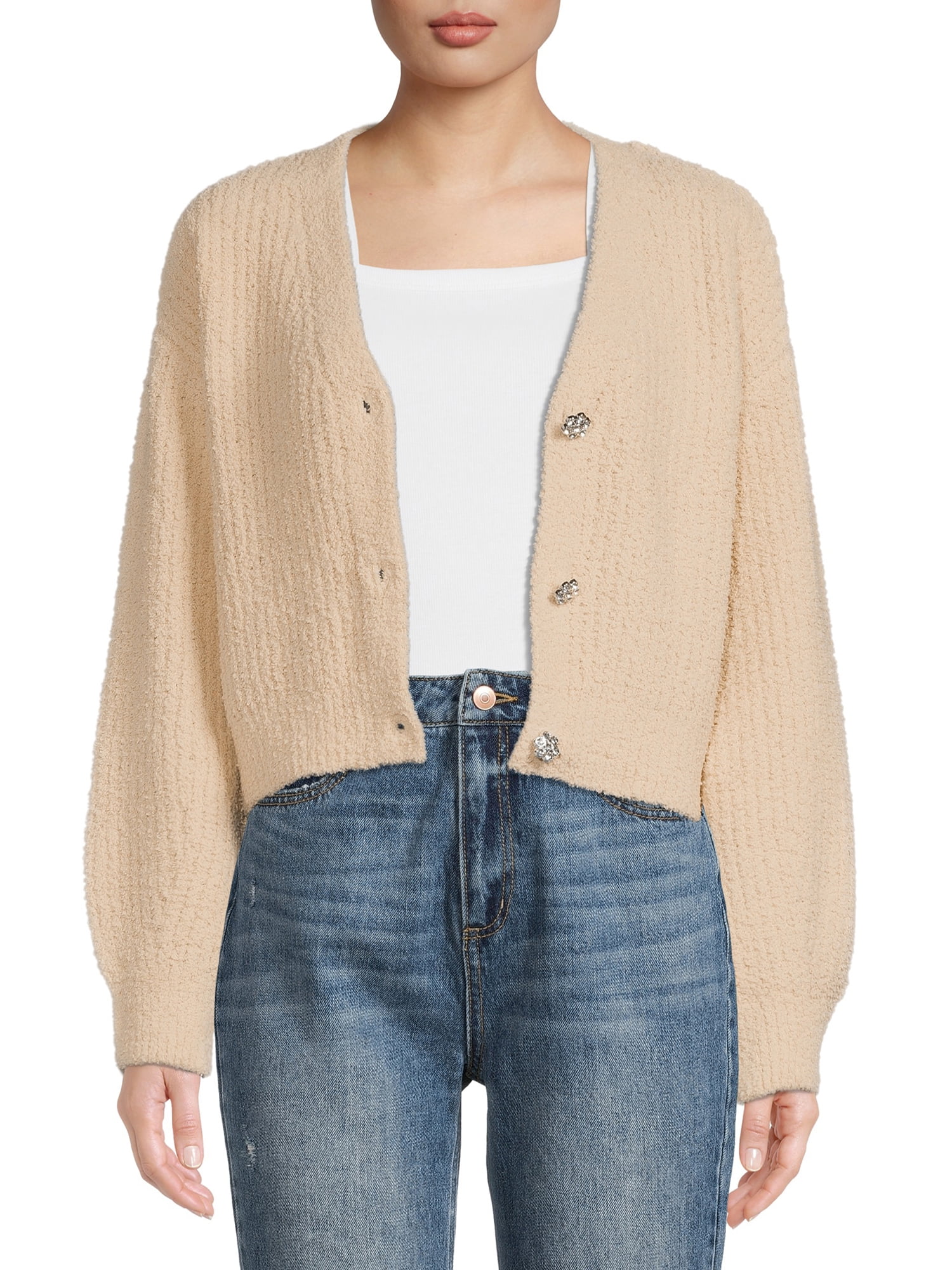 No Boundaries Juniors Ribbed Jewel Button Cardigan
